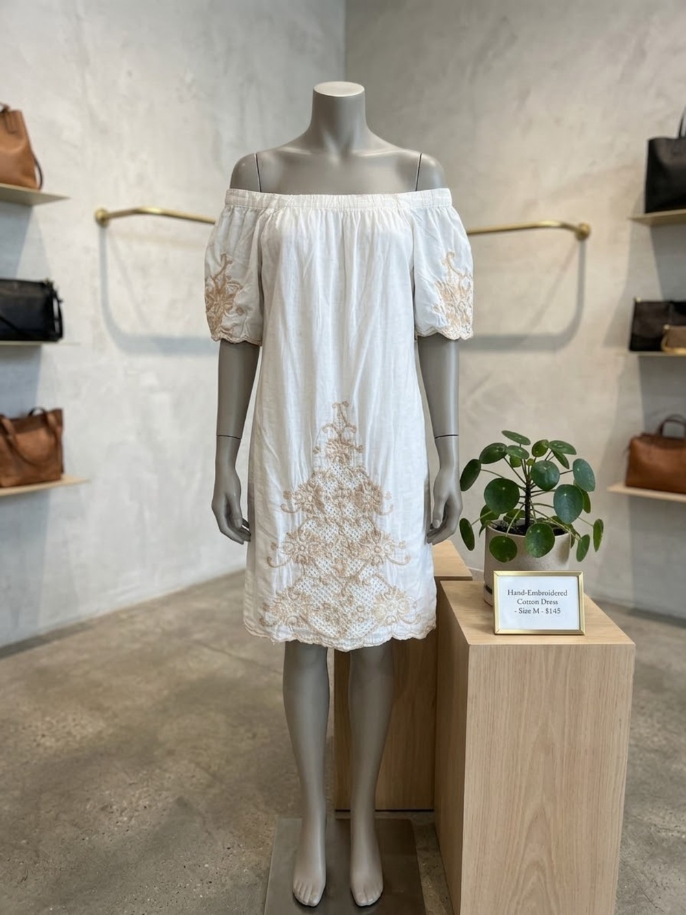 Off-Shoulder White Midi Dress with Beige Embroidery